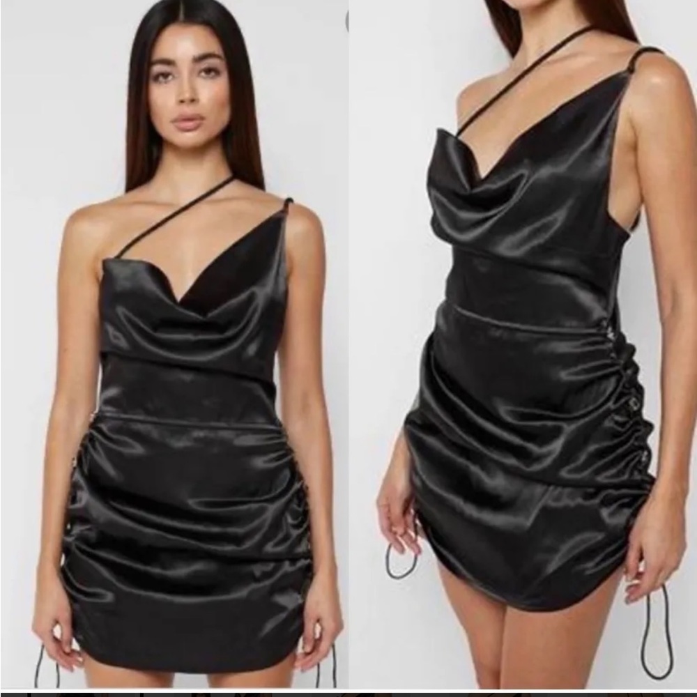 NWT Maniere De Voir black satin ruched mini asymmetrical dress size 4 medium
